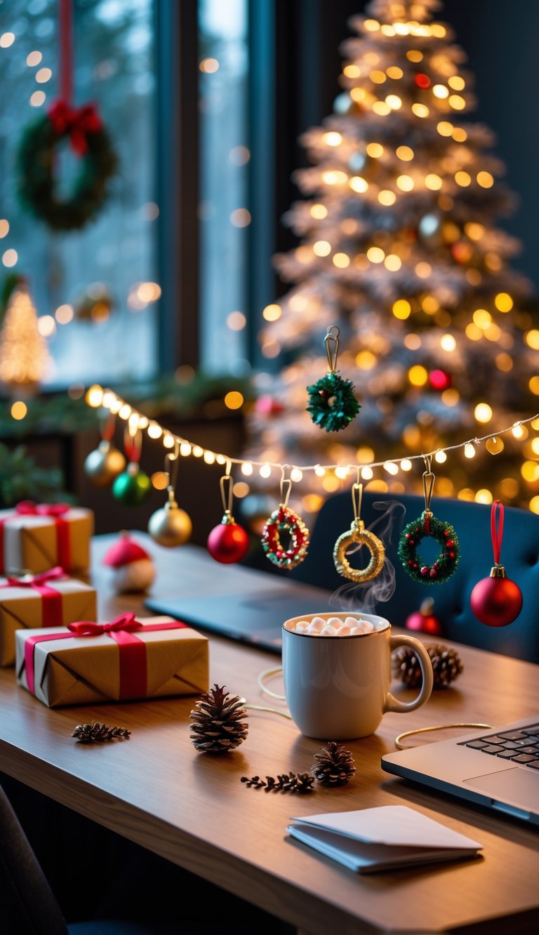 A home office desk decorated with Christmas ornaments clipped on a string, a Christmas tree with lights in the background, wrapped gifts, and a mug of hot cocoa.