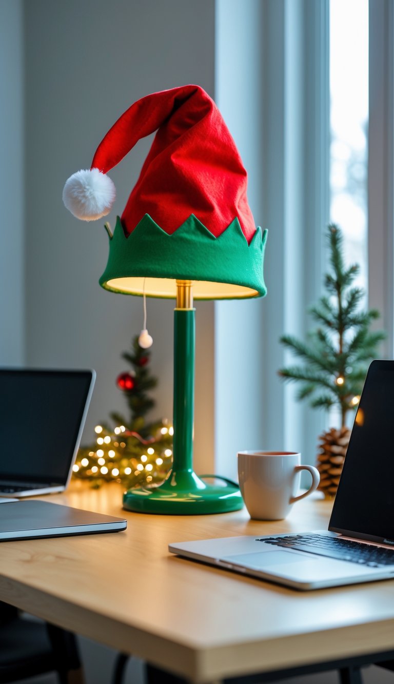 A desk lamp with a festive elf hat as its shade on a tidy home office desk with a laptop and holiday decorations.
