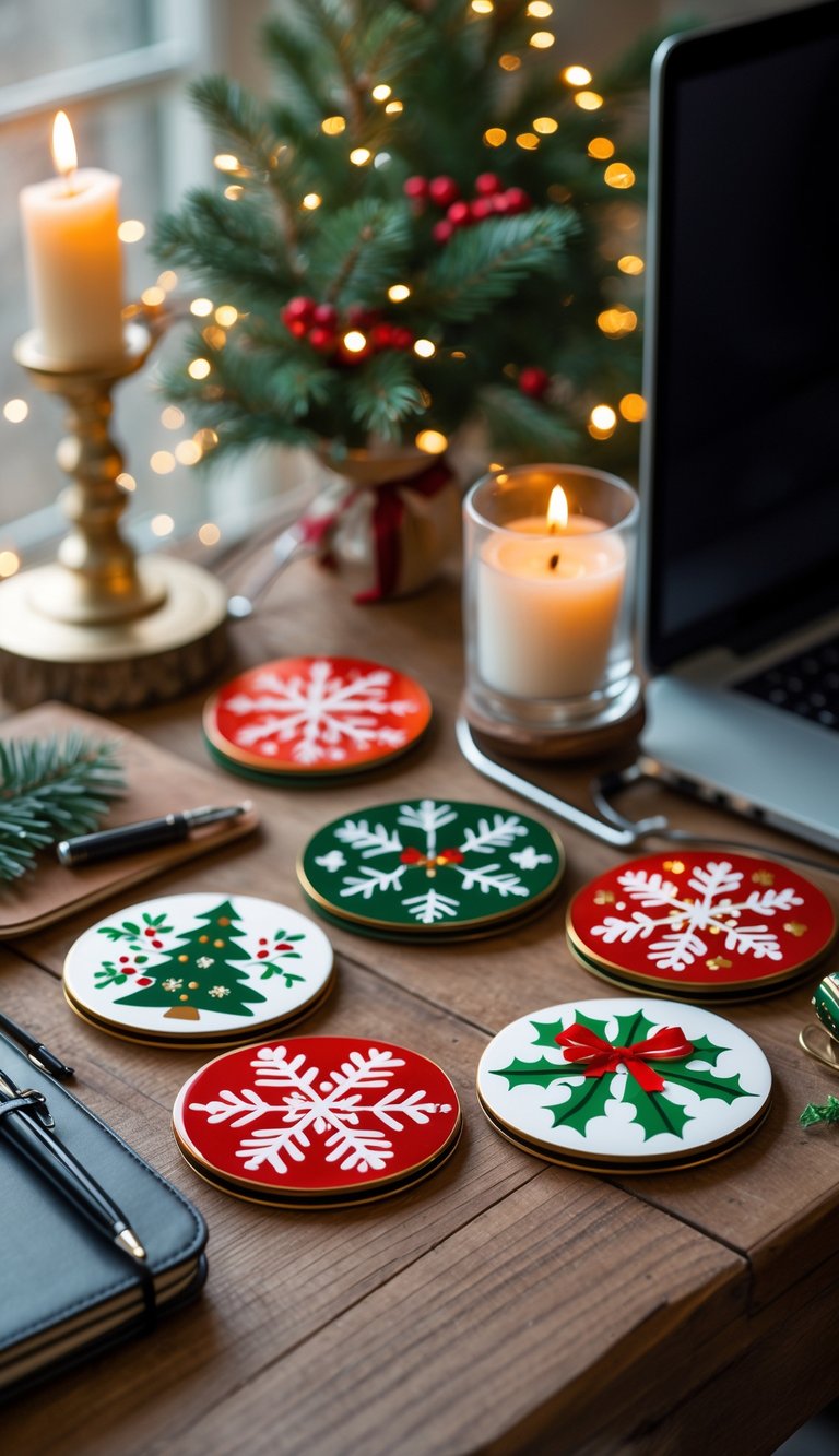A home office desk decorated with Christmas-themed coasters, a laptop, a cup of coffee, a candle, and holiday decorations including pine branches and fairy lights.