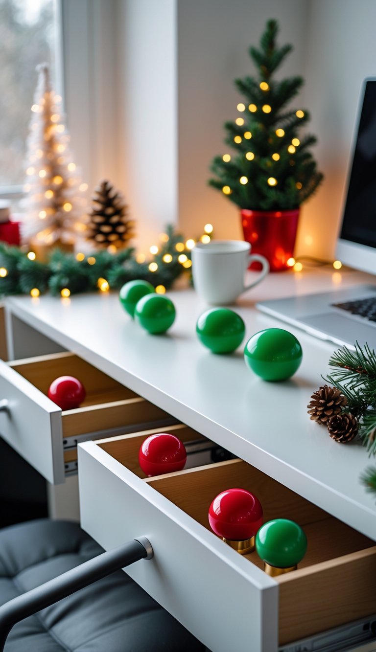 A home office desk with green and red drawer knobs decorated for Christmas, featuring holiday accents like pine garland and fairy lights.