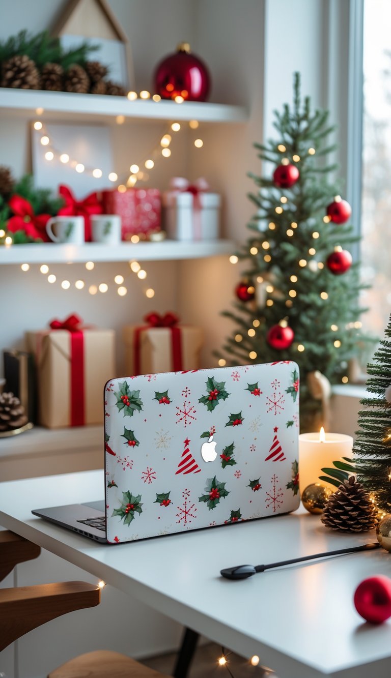 A home office desk with a laptop in a holiday-themed sleeve surrounded by Christmas decorations including a small tree, ornaments, and candles.
