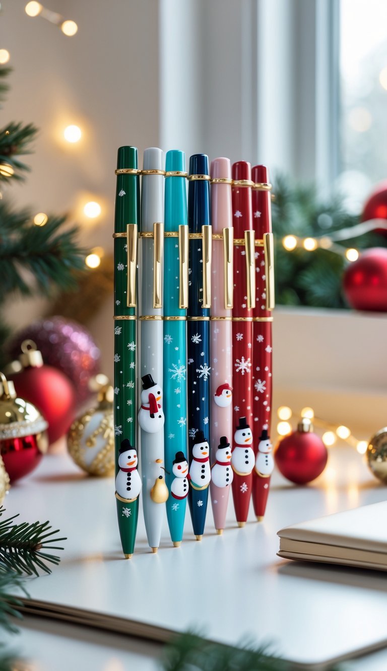A set of pens with snowman designs arranged on a decorated home office desk with Christmas ornaments and pine branches.
