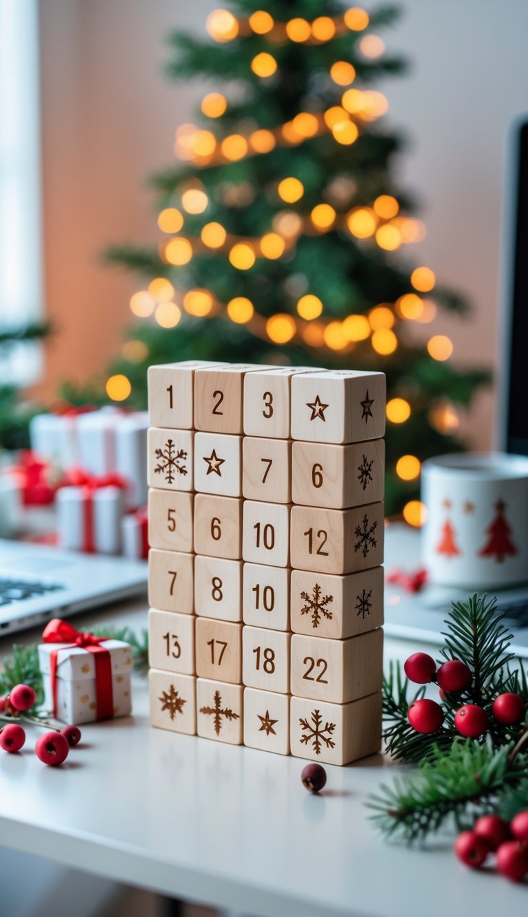 A wooden block Christmas countdown calendar on a desk surrounded by holiday decorations like pine branches, berries, small gifts, and fairy lights in a home office setting.