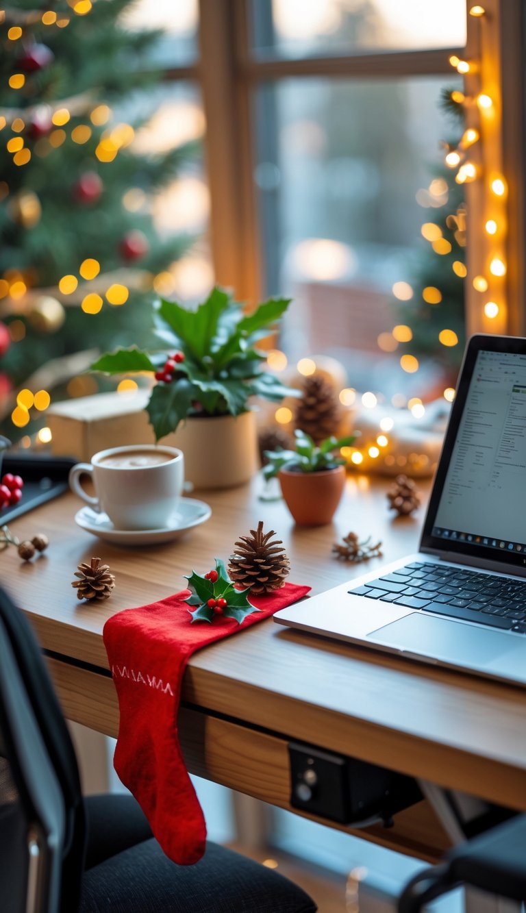 A small red Christmas stocking hanging on the edge of a desk in a home office with festive decorations and a laptop.