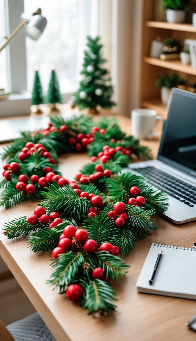 A Christmas garland with red berries and pine leaves draped over a home office desk with a laptop and notebook.