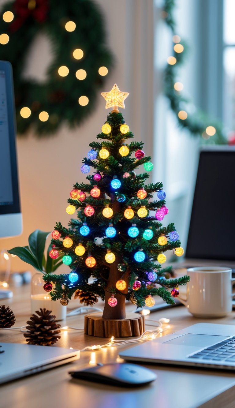 A Christmas tree-shaped USB hub on a home office desk surrounded by festive decorations and office supplies.