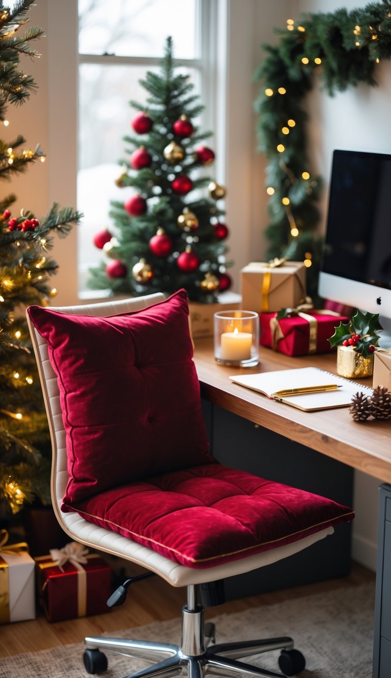 A home office with a red velvet desk cushion on a wooden chair, decorated with Christmas ornaments, a small tree, and festive accents.