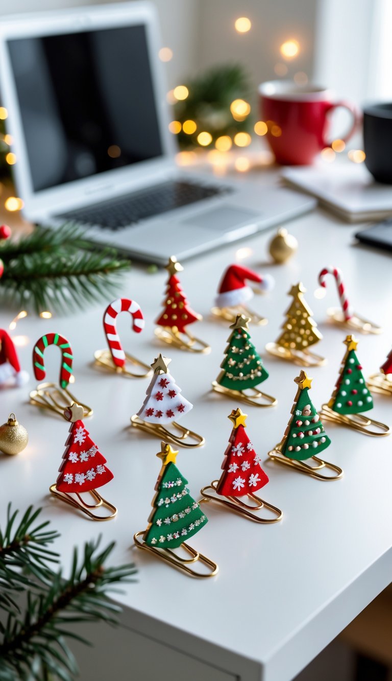 A collection of festive Christmas-themed paper clips on a white desk with holiday decorations and a blurred home office background.