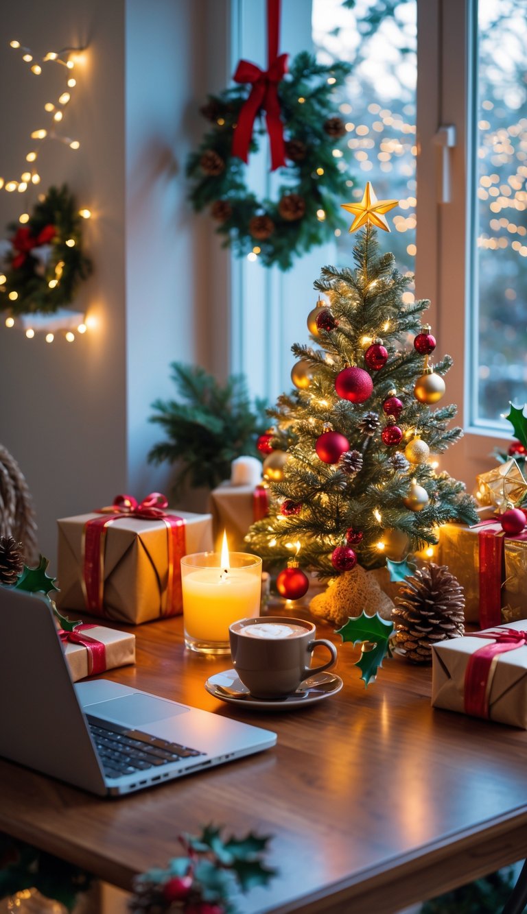 A home office decorated with a small Christmas tree, wrapped gifts, candles, and holiday ornaments on a wooden desk near a window.