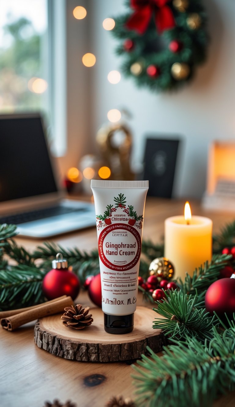 A gingerbread scented hand cream on a wooden desk surrounded by Christmas decorations in a home office.