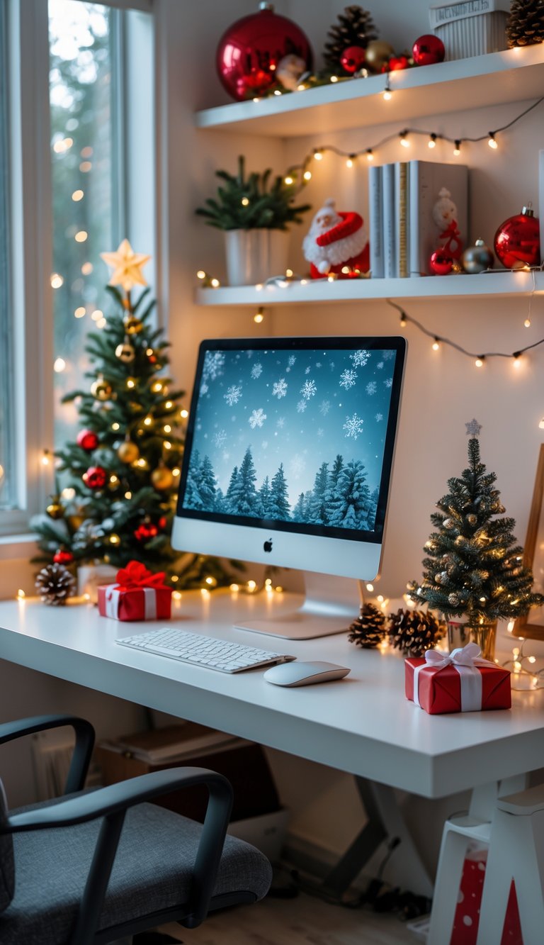 A home office decorated for Christmas with a computer screen showing falling snowflakes and various festive decorations around the desk.