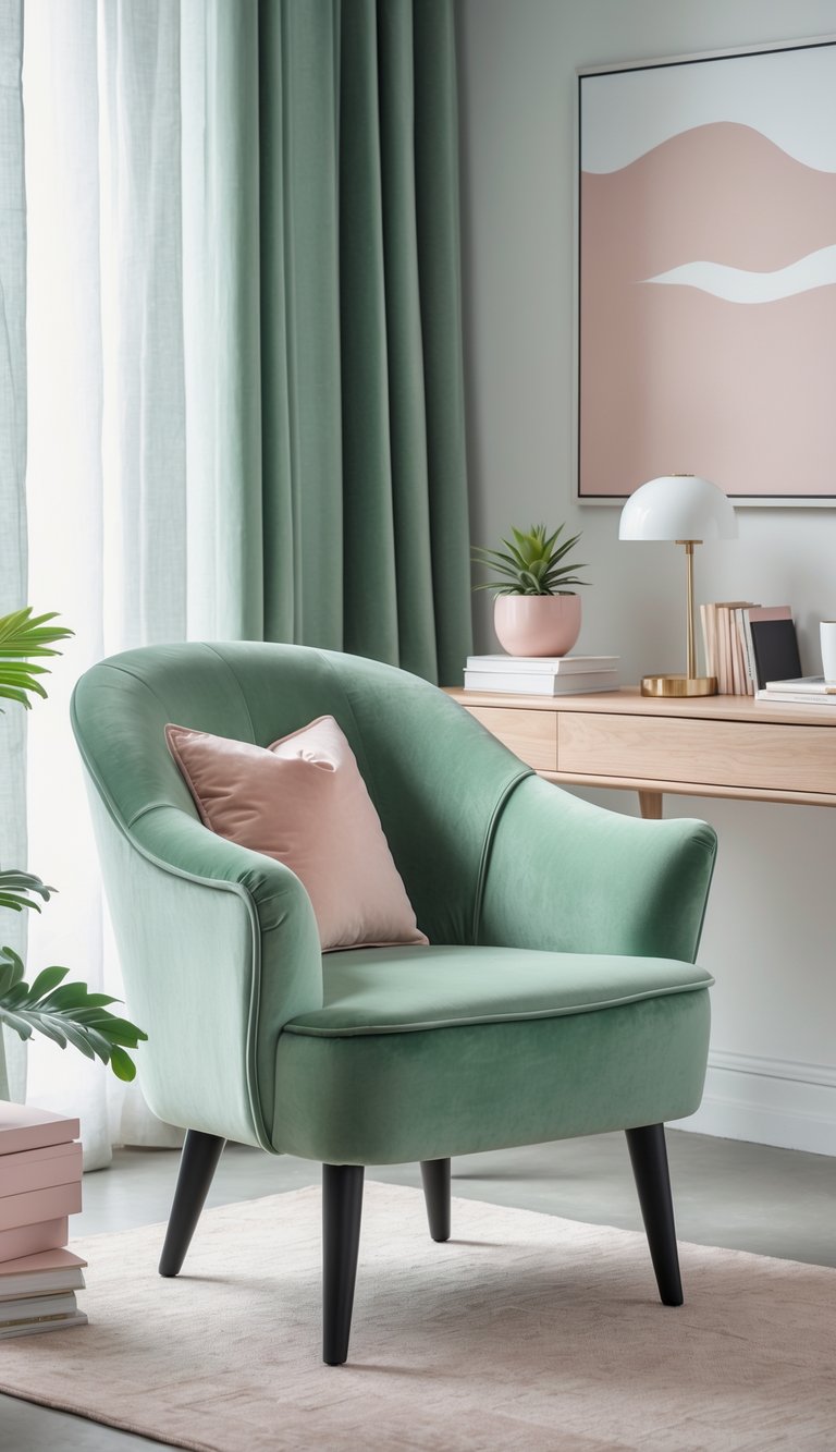 A sage green velvet accent chair next to a wooden desk with decorative items in a bright home office.