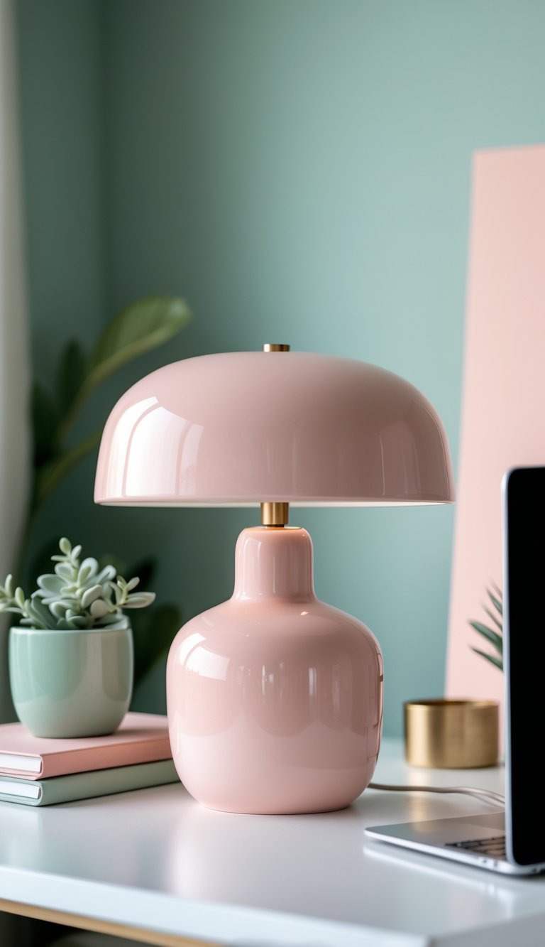 A blush pink ceramic desk lamp on a home office desk with green plants and notebooks nearby.