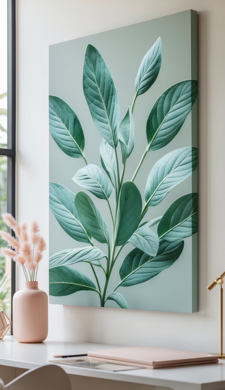 A home office with botanical wall art of sage leaves and blush-colored decorative accents on a desk.
