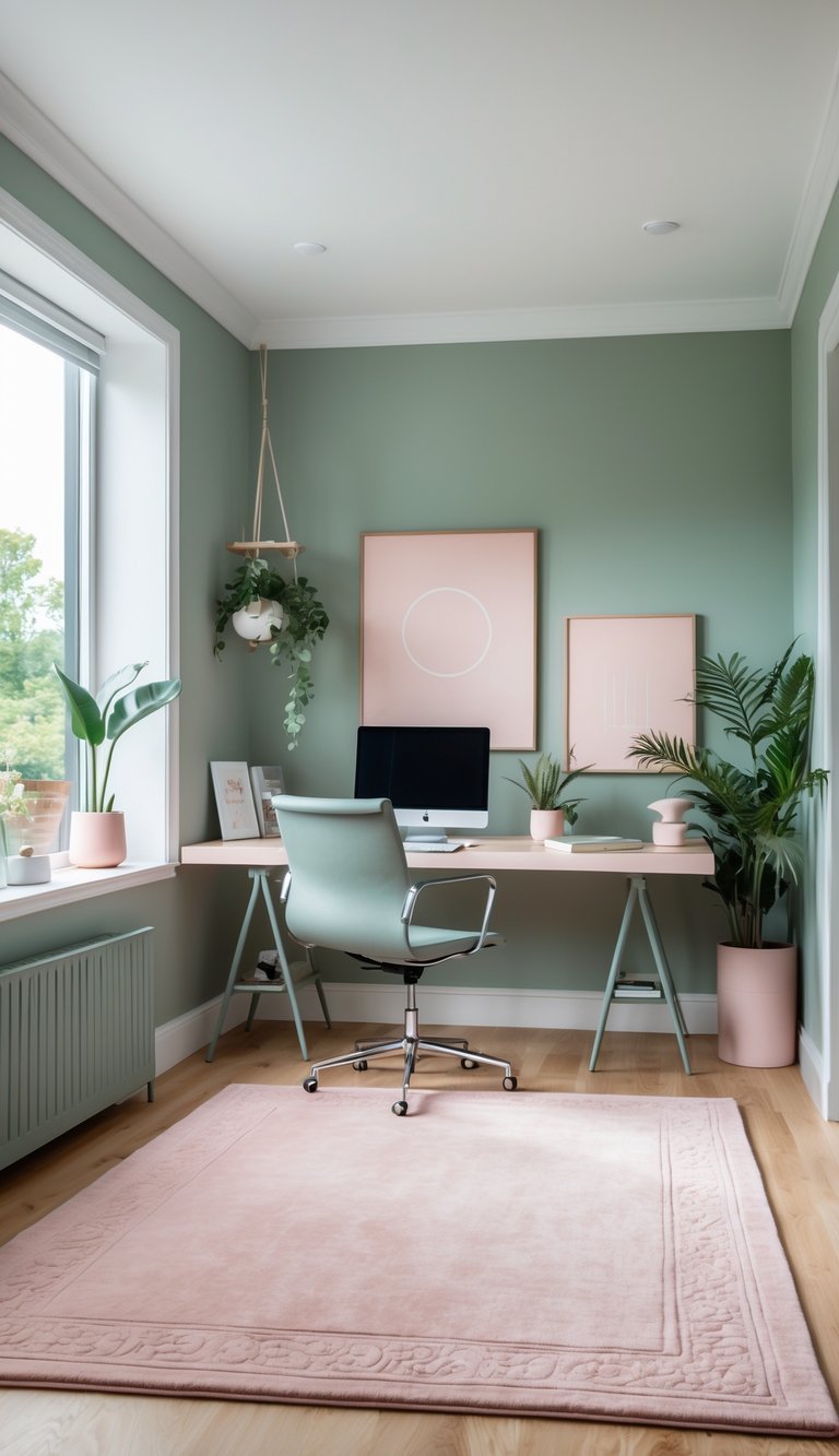 A home office with a soft blush area rug, sage and blush color accents, a desk with a computer, plants, and natural light.