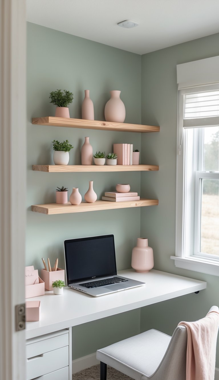 A home office corner with wooden floating shelves painted sage green, decorated with blush-colored items and plants above a tidy desk.