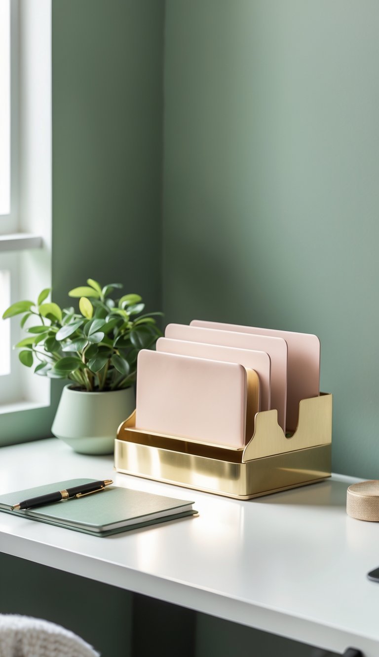 A brass desk organizer with blush accents on a desk with a sage green background, surrounded by office supplies and a small plant.