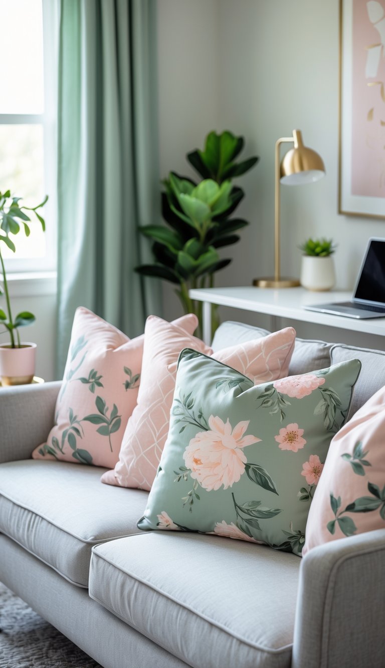 A home office seating area with sage green and blush pink patterned throw pillows on a gray sofa next to a white desk with a laptop and a small plant.