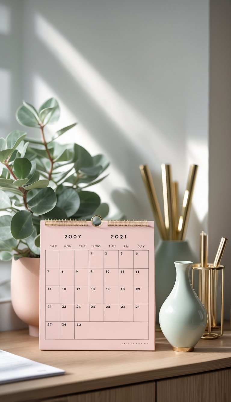 A desk with a blush-colored calendar, a small green plant, a ceramic vase, and a gold pen holder arranged neatly on a wooden surface.