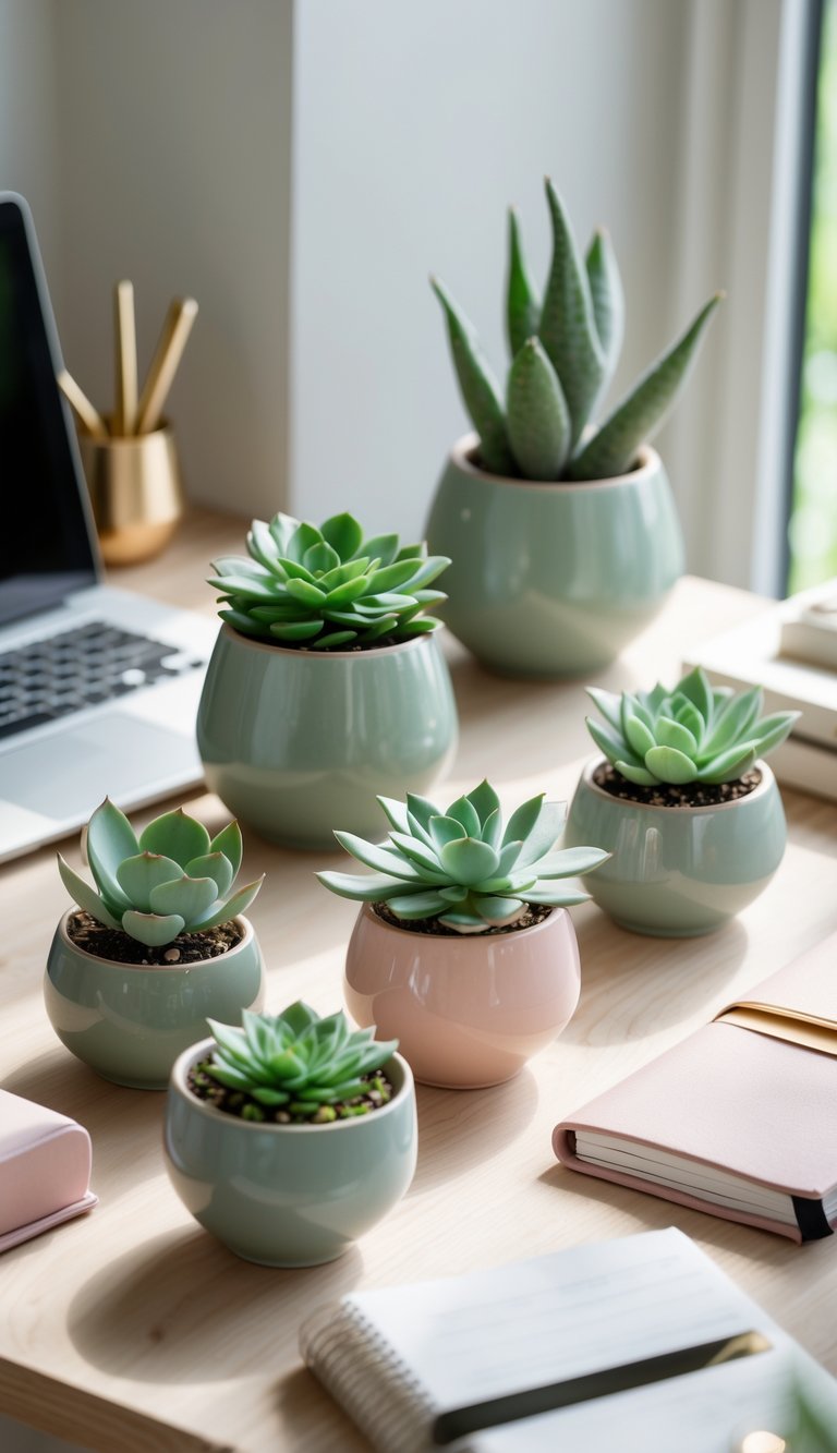 Ceramic succulent pots in sage green and blush pink placed on a wooden desk with office supplies and natural light.