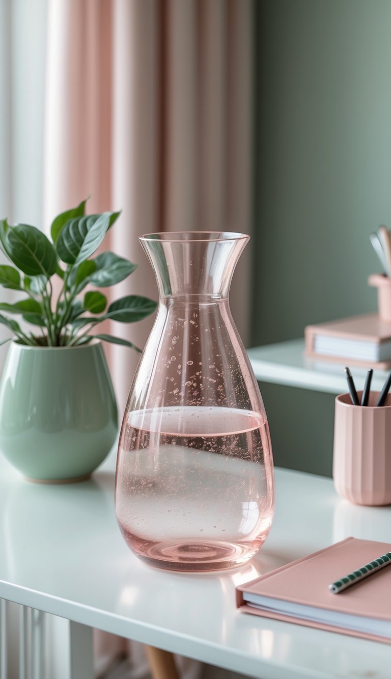 A blush-toned glass water carafe on a home office desk with sage green and blush pink décor items, including a plant and stationery.