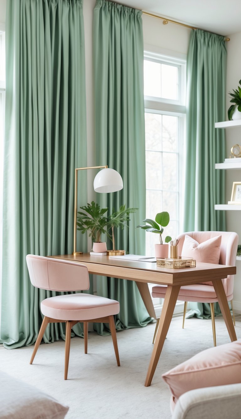 Home office with sage green silk curtains, wooden desk, blush pink chair, plants, and shelves with decorative items.