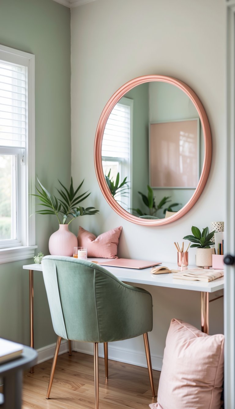 A home office corner with a rose gold framed mirror, sage green chair, blush pink cushions, and a tidy desk with office supplies.