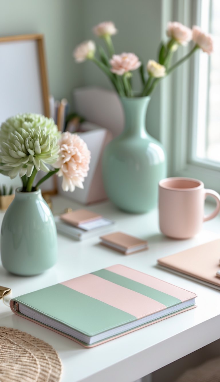 A blush and sage striped notebook on a desk surrounded by matching home office décor including a green vase with flowers and a pink mug.