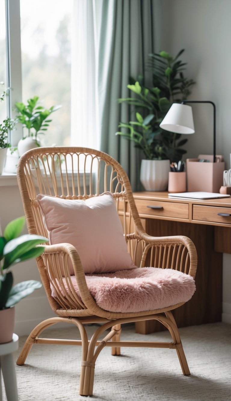 A rattan desk chair with a blush cushion in a home office setting with a wooden desk and decorative items.