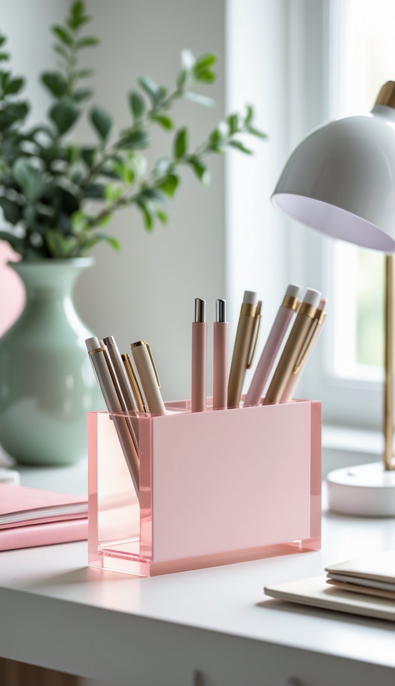 A blush pink acrylic pen holder with pens on a desk surrounded by sage green and blush pink home office décor items.