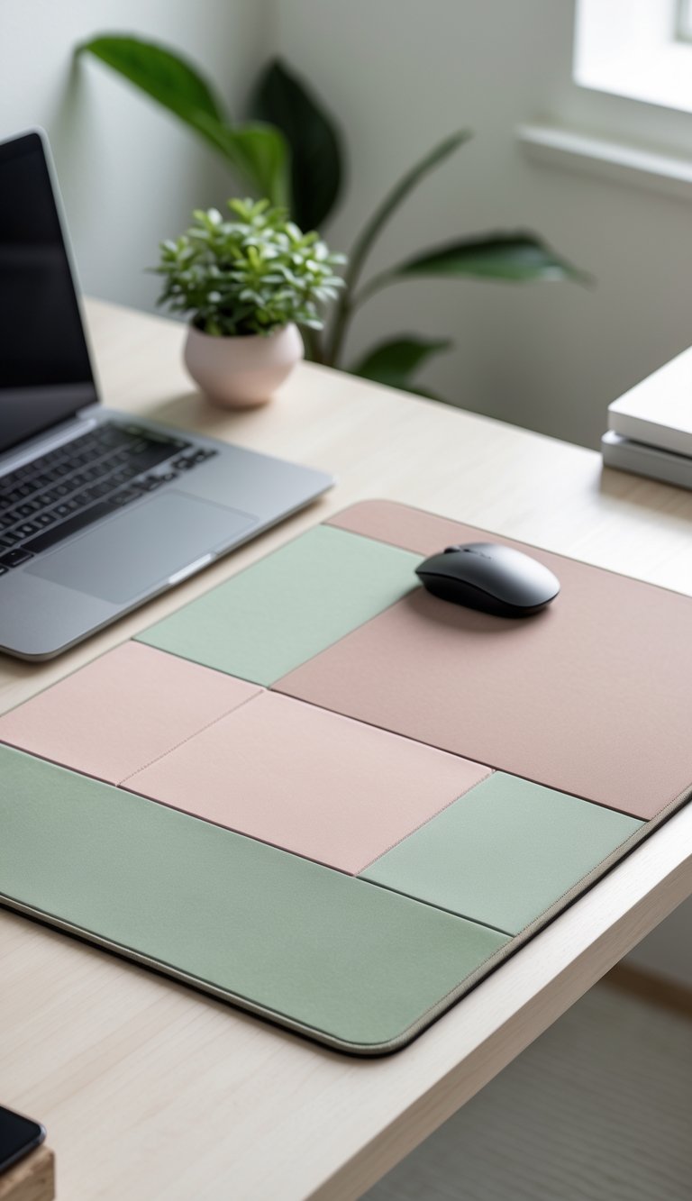 A blush and sage color-blocked mouse pad on a wooden desk with a wireless mouse, laptop, and small potted plant.