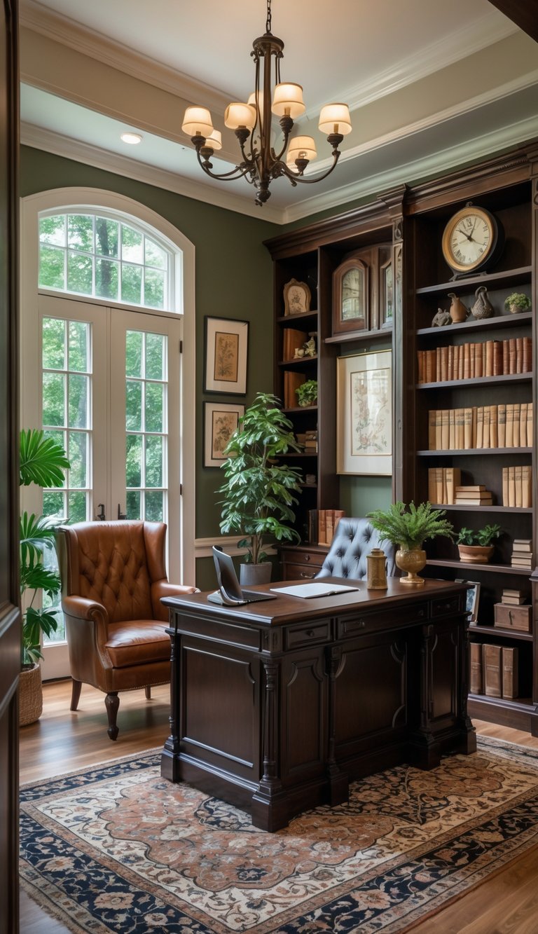 A well-organized home office with a wooden desk, leather chair, bookshelf, large windows, and decorative plants.
