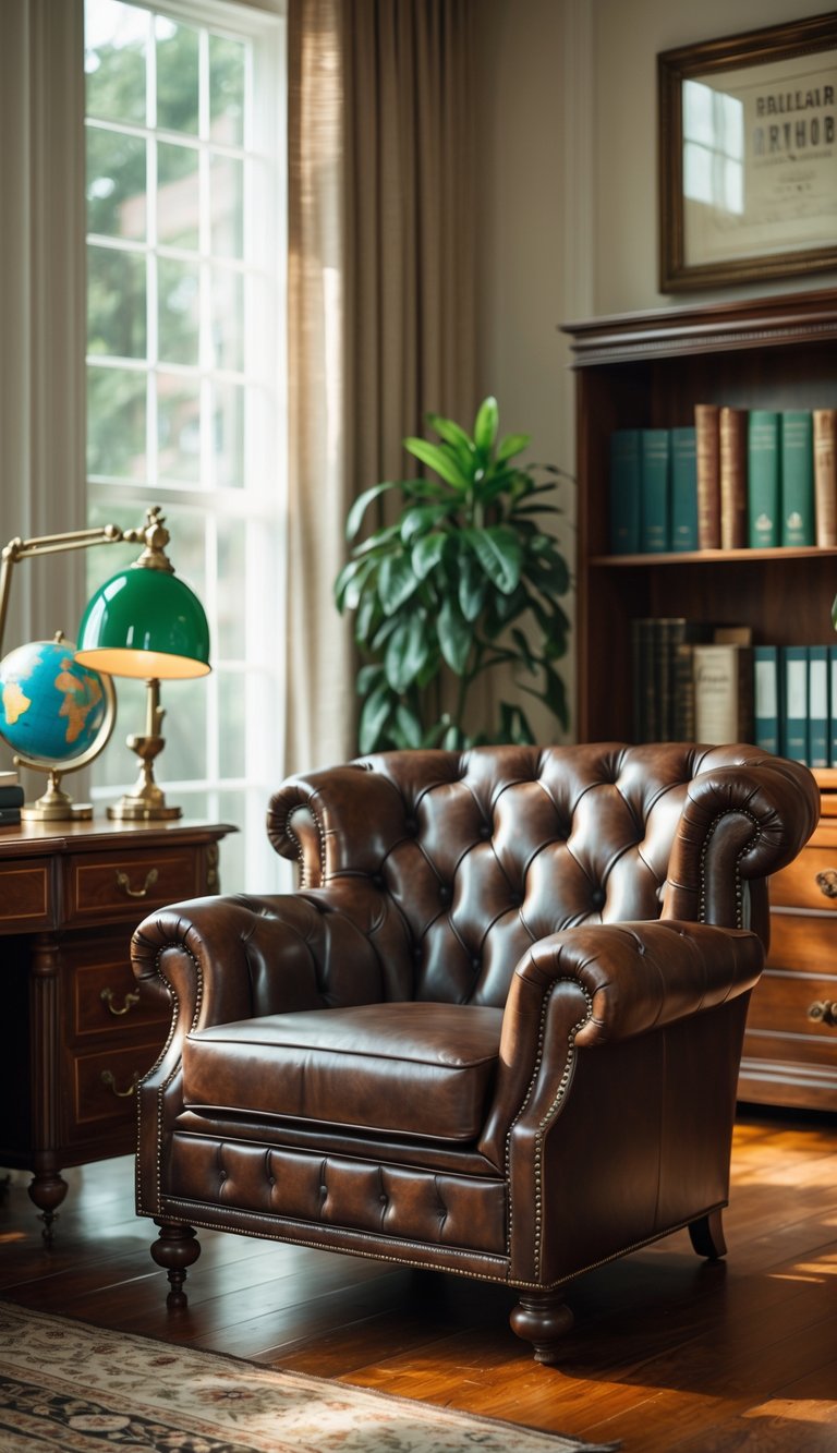 A dark brown leather armchair in a home office with a wooden desk, bookshelf, and soft natural lighting.