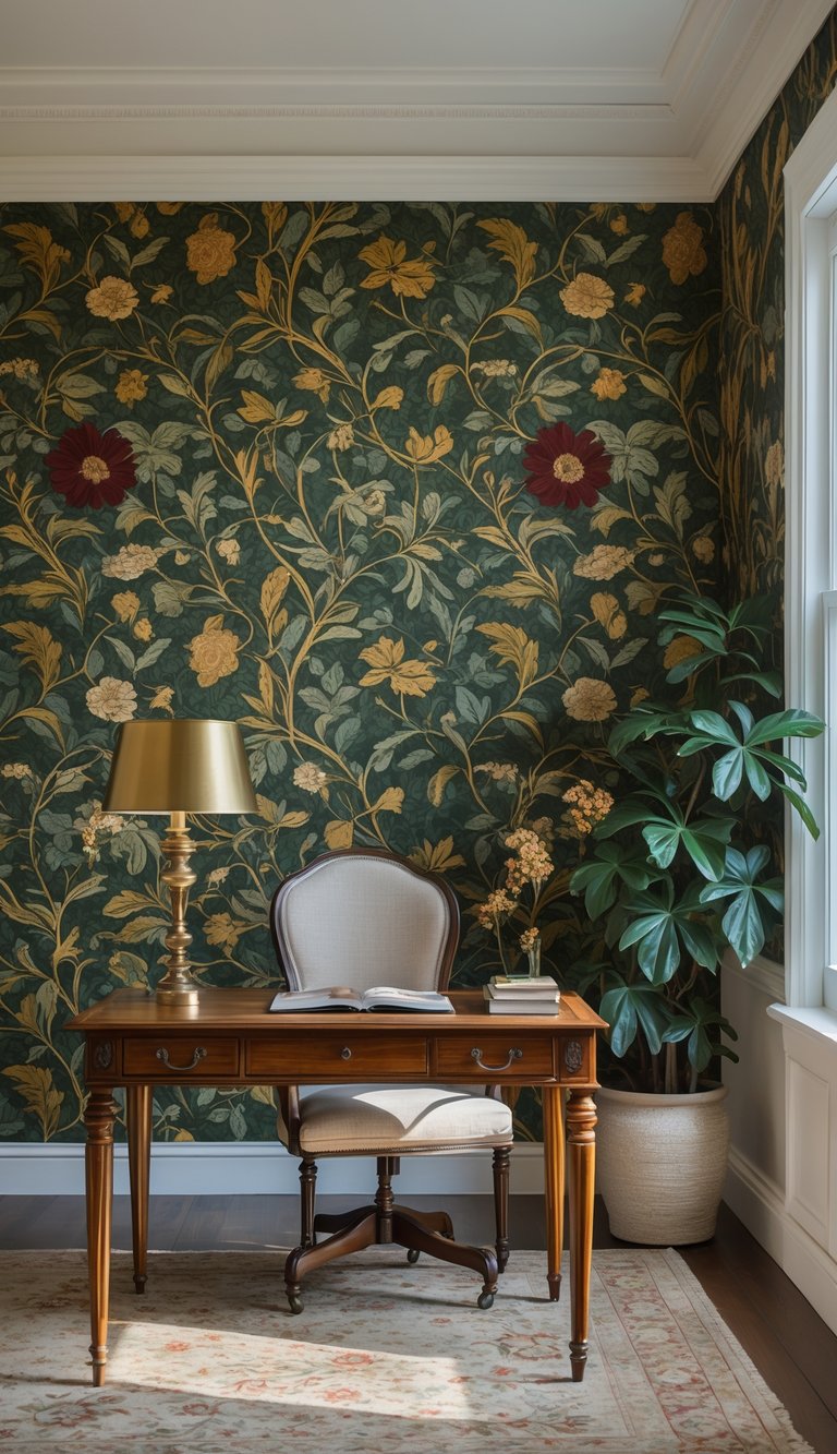 A home office with a wooden desk, upholstered chair, potted plant, and a wall covered in detailed floral wallpaper.