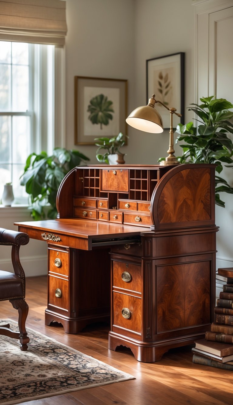 A mahogany roll-top desk in a home office with a leather chair, desk lamp, books, and a potted plant.