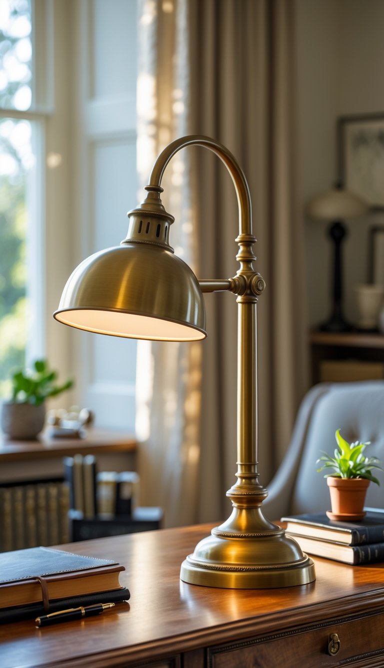 An antique brass desk lamp on a wooden desk surrounded by office supplies in a well-lit home office.