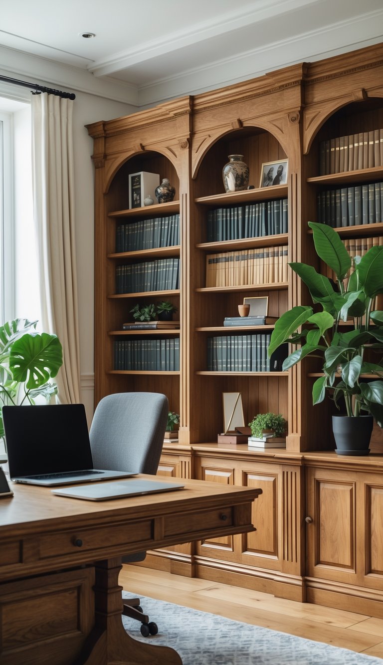 A home office with a large wooden bookshelf filled with books, a desk with a laptop, a chair, and a potted plant near a window.