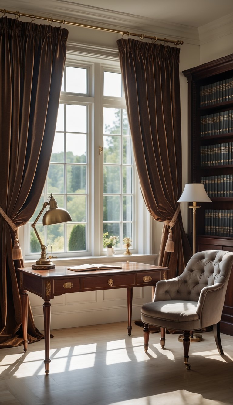 A home office with velvet curtains, a wooden desk, a leather chair, and bookshelves filled with books.