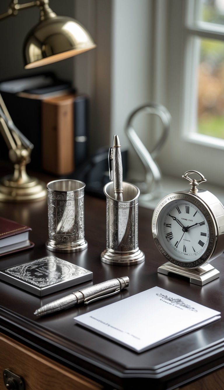 A desk with engraved silver desk accessories including a pen holder, letter opener, desk clock, and business card holder arranged neatly on a wooden surface.