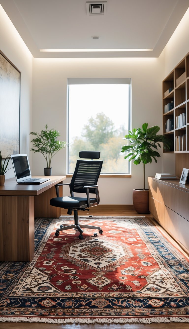 A home office with a wooden desk, chair, potted plant, bookshelves, and a detailed patterned rug on the floor.