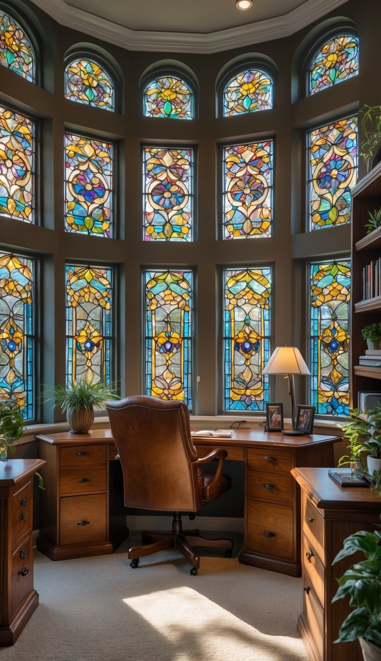 A home office with stained glass window panels, a wooden desk, a leather chair, bookshelves, and plants.