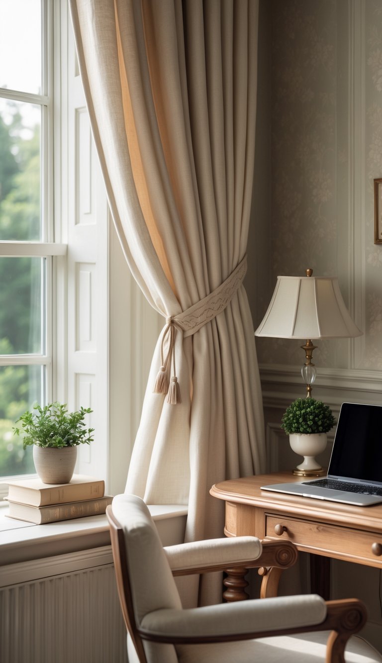 A home office corner with curtains tied back, a wooden desk with a laptop, books, a plant, and a lamp illuminated by natural light.