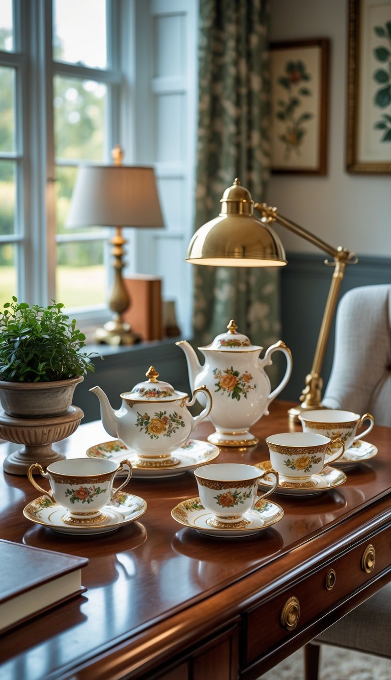 A classic porcelain tea set arranged on a wooden desk with office supplies and a small plant in a home office.