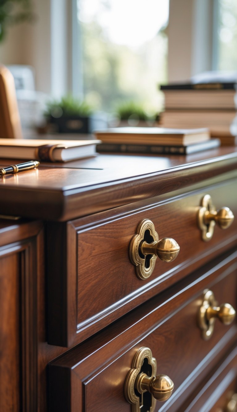 Close-up of brass keyhole drawer pulls on wooden drawers in a home office setting with office supplies blurred in the background.