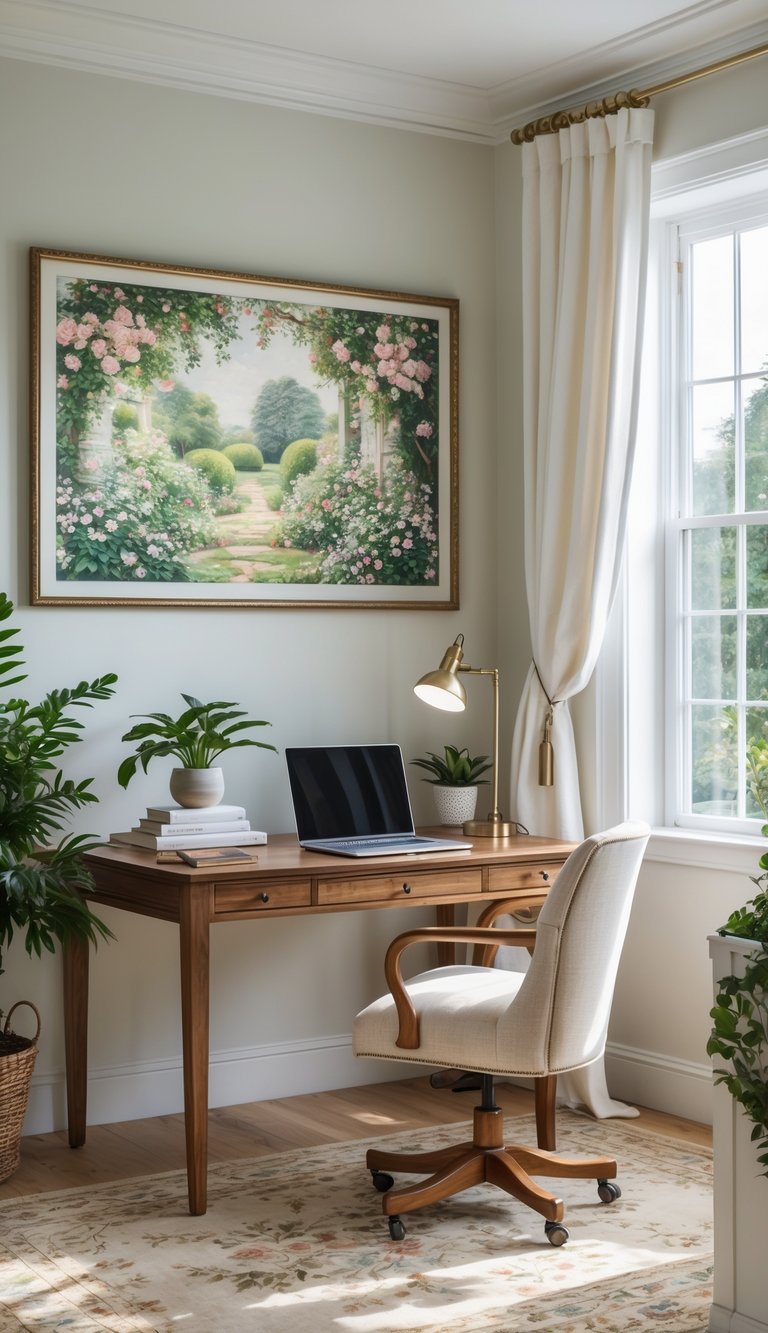 A tidy home office with a wooden desk, laptop, potted plant, and a framed floral wall art above the desk, illuminated by natural light from a nearby window.
