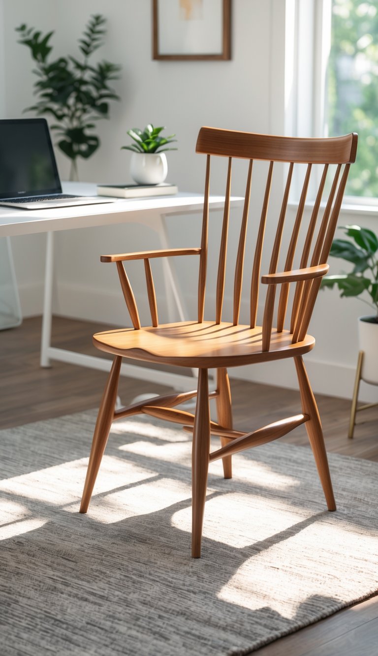 A wooden spindle back chair positioned next to a desk with a laptop and plant in a bright home office.