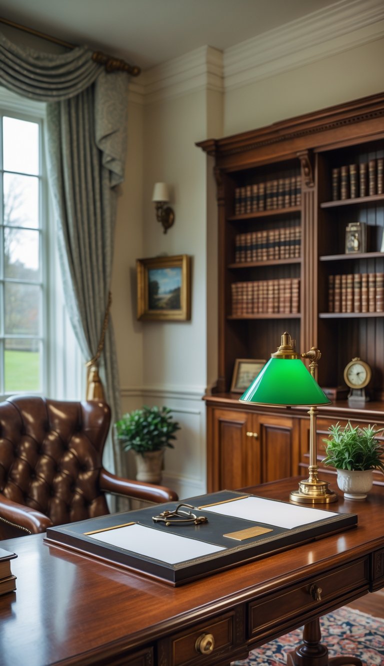 A wooden desk with a traditional writing slope in a cozy home office, featuring a leather chair, bookshelves, and a desk lamp.