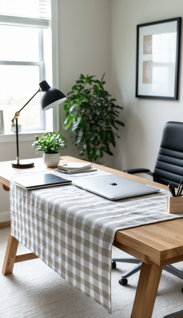 A wooden desk with a gingham linen table runner, laptop, desk lamp, potted plant, books, and an ergonomic chair in a bright home office.