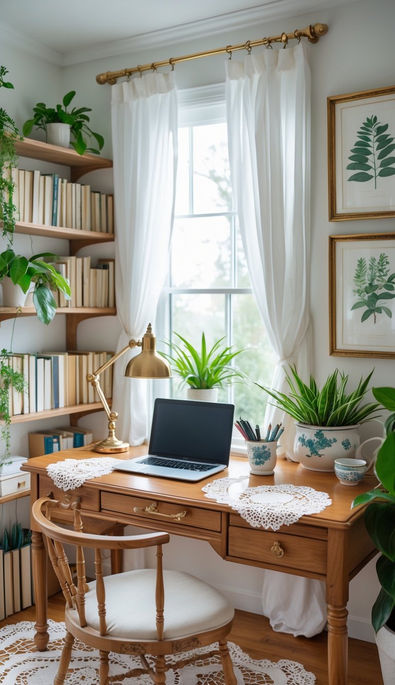 A home office with a wooden desk, laptop, desk lamp, lace doilies, plants, bookshelves, and framed pictures on the wall.