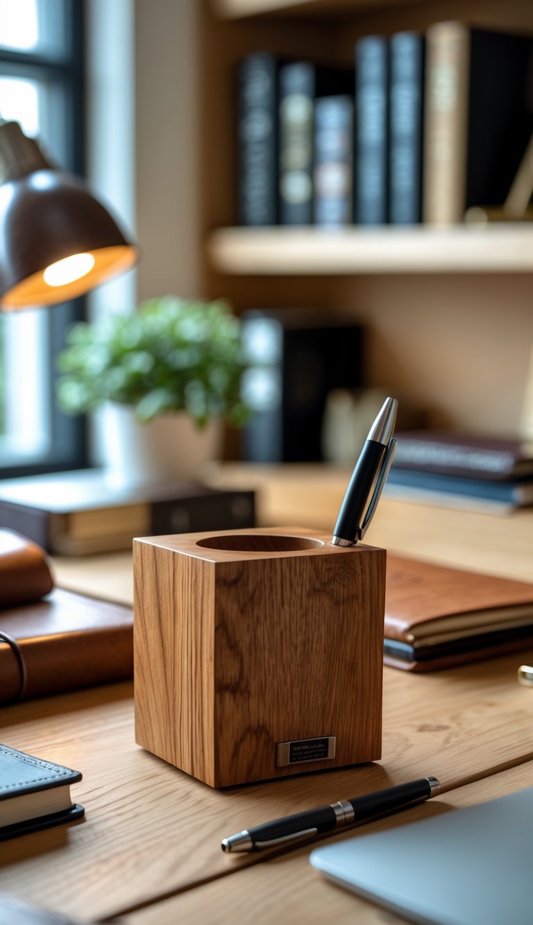 A handcrafted oak pen holder on a wooden desk surrounded by office supplies and a small plant in a home office.